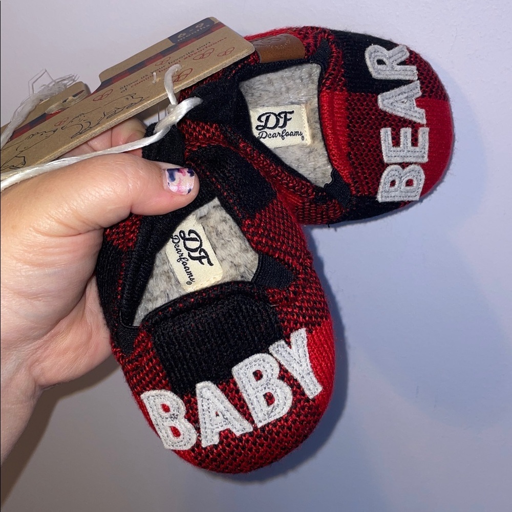 Dearfoams Memory Foam Red Black Buffalo Check Baby Bear Limited Edition Slippers